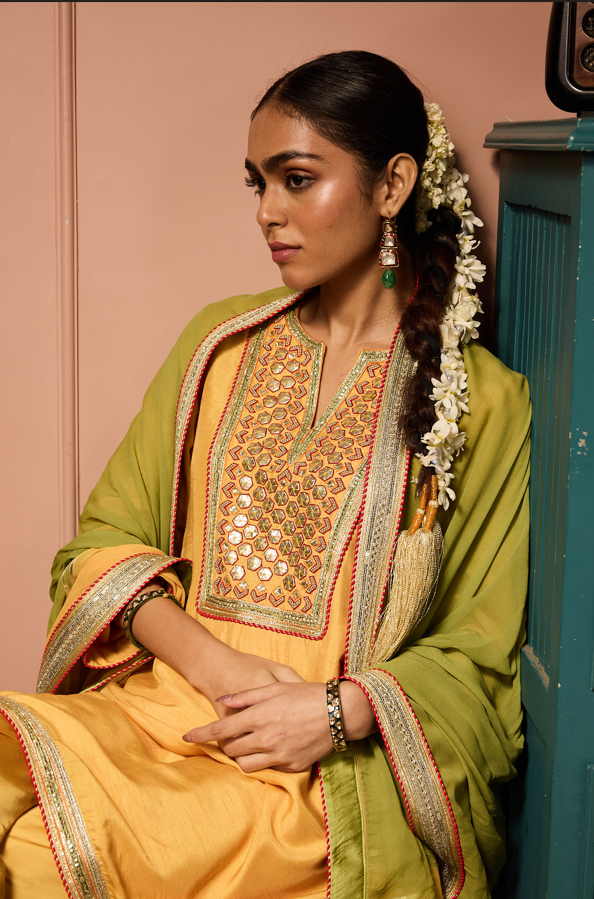 YELLOW A LINE EMBROIDERED KURTASET WITH CONCEPT DUPATTA.