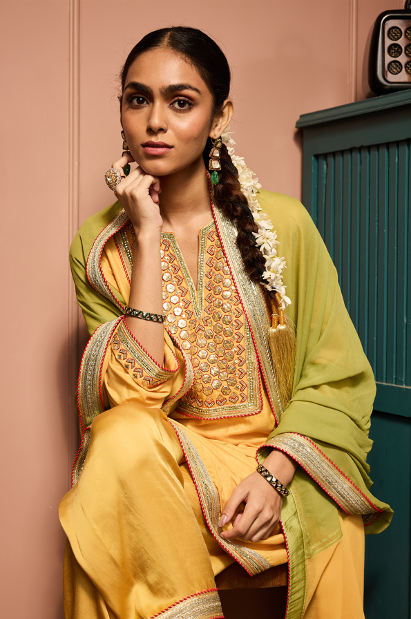 YELLOW A LINE EMBROIDERED KURTASET WITH CONCEPT DUPATTA.