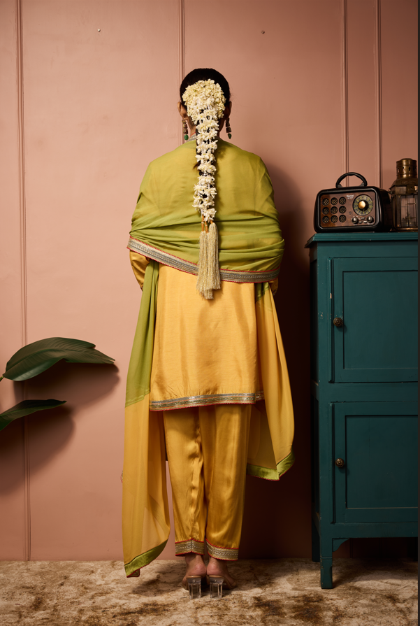 YELLOW A LINE EMBROIDERED KURTASET WITH CONCEPT DUPATTA.