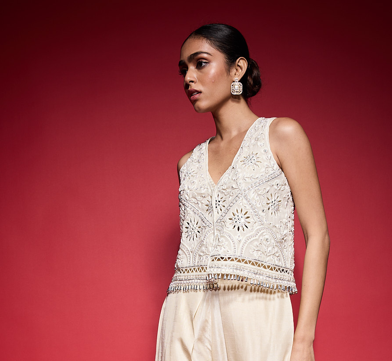WHITE EMBROIDERED CUTOWRK VEST.