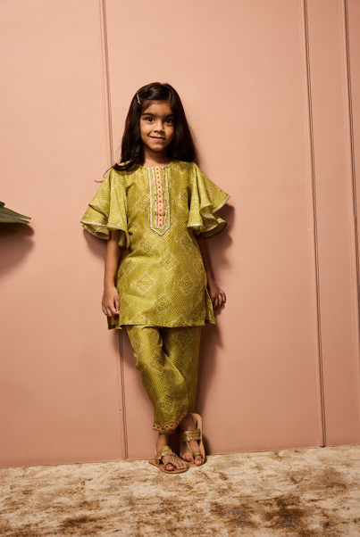 MEHENDI GREEN BANDHEJ FLUTTER SLEEVS CO-ORDSET.