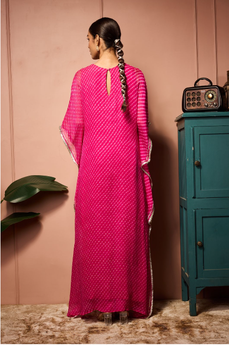Pink leheriya kaftan with embroidered yoke