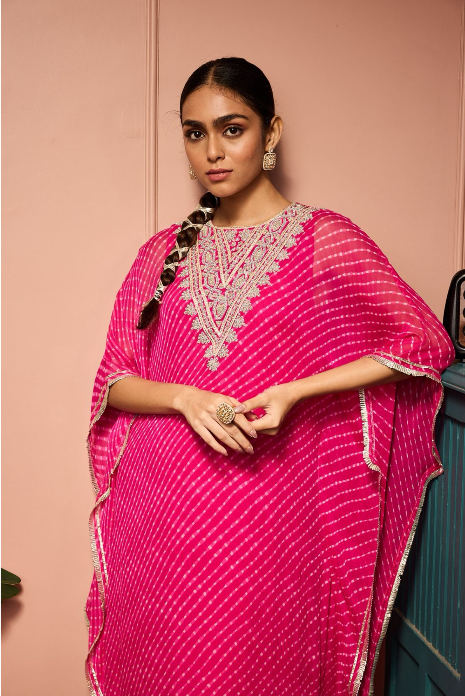 Pink leheriya kaftan with embroidered yoke