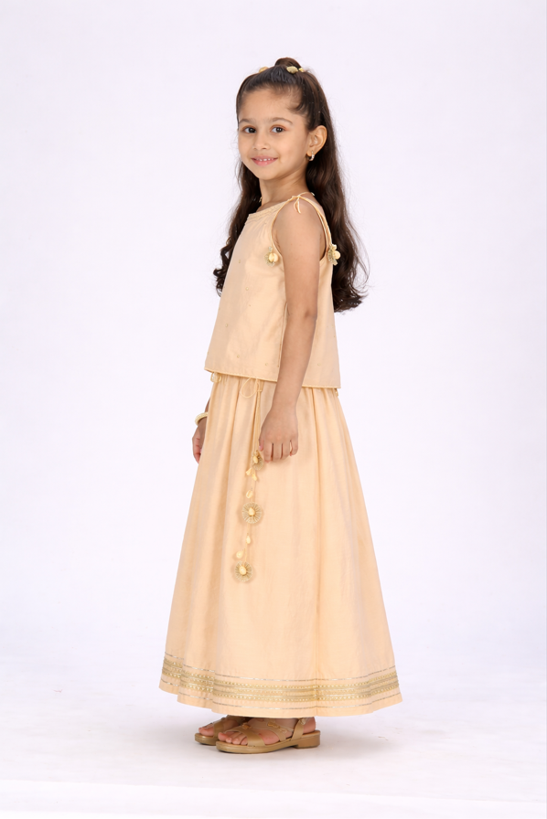 Custard tieup embroidered lehengaset.