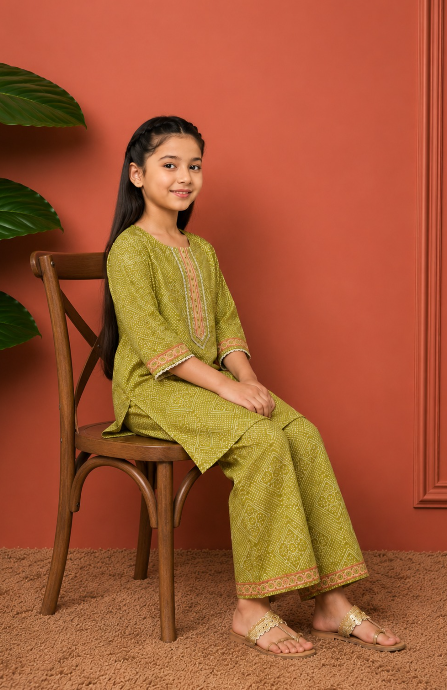 Mehendi bandhej kurti co-ordset.