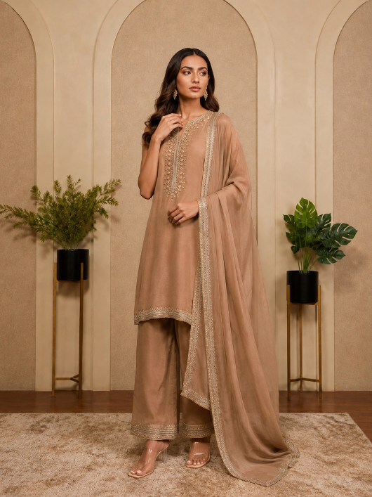 COPPER TISSUE EMBROIDERED KURTASET