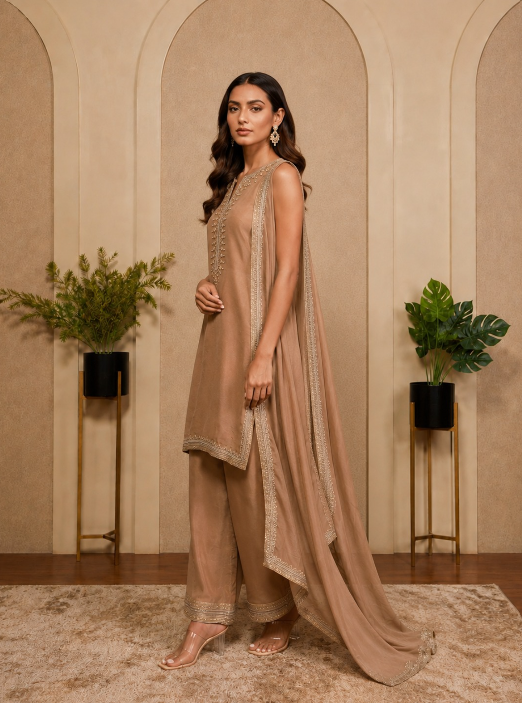 COPPER TISSUE EMBROIDERED KURTASET