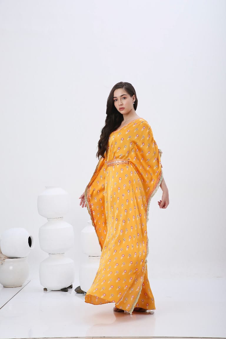 SAFFRON MELA LONG KAFTAN WITH BELT.