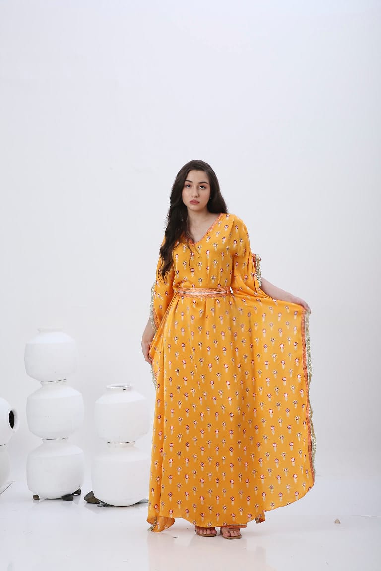 SAFFRON MELA LONG KAFTAN WITH BELT.