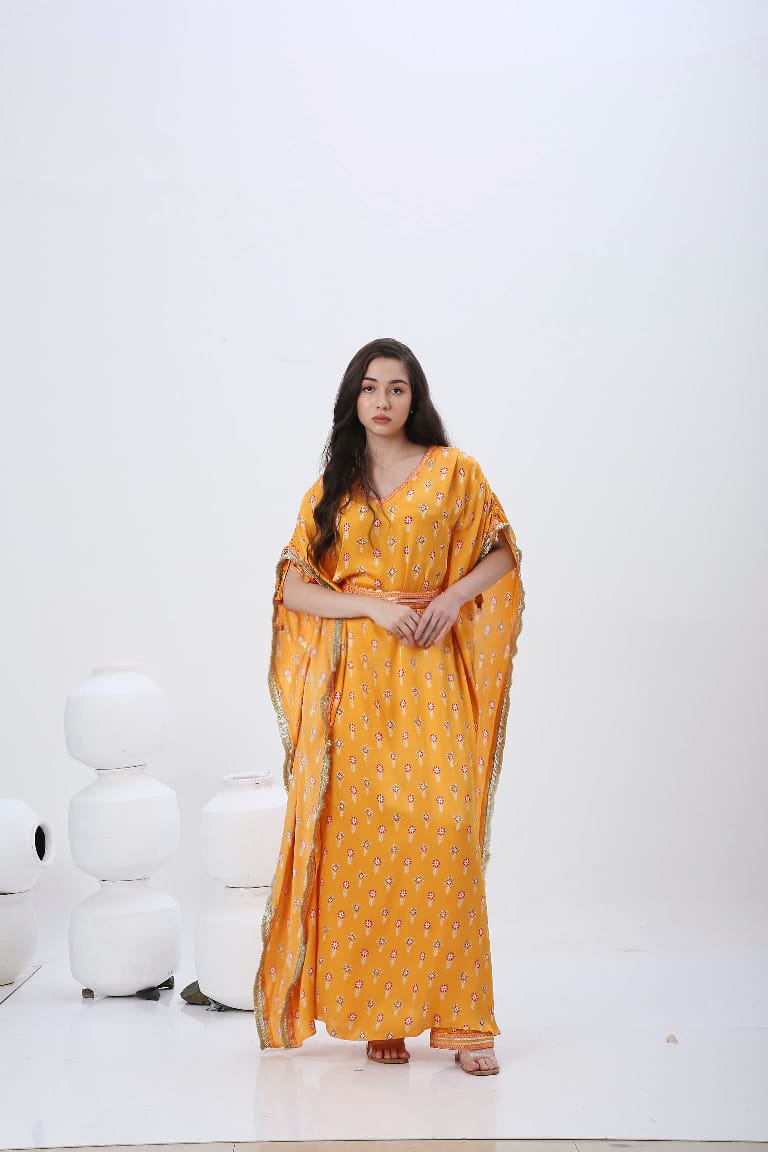 SAFFRON MELA LONG KAFTAN WITH BELT.