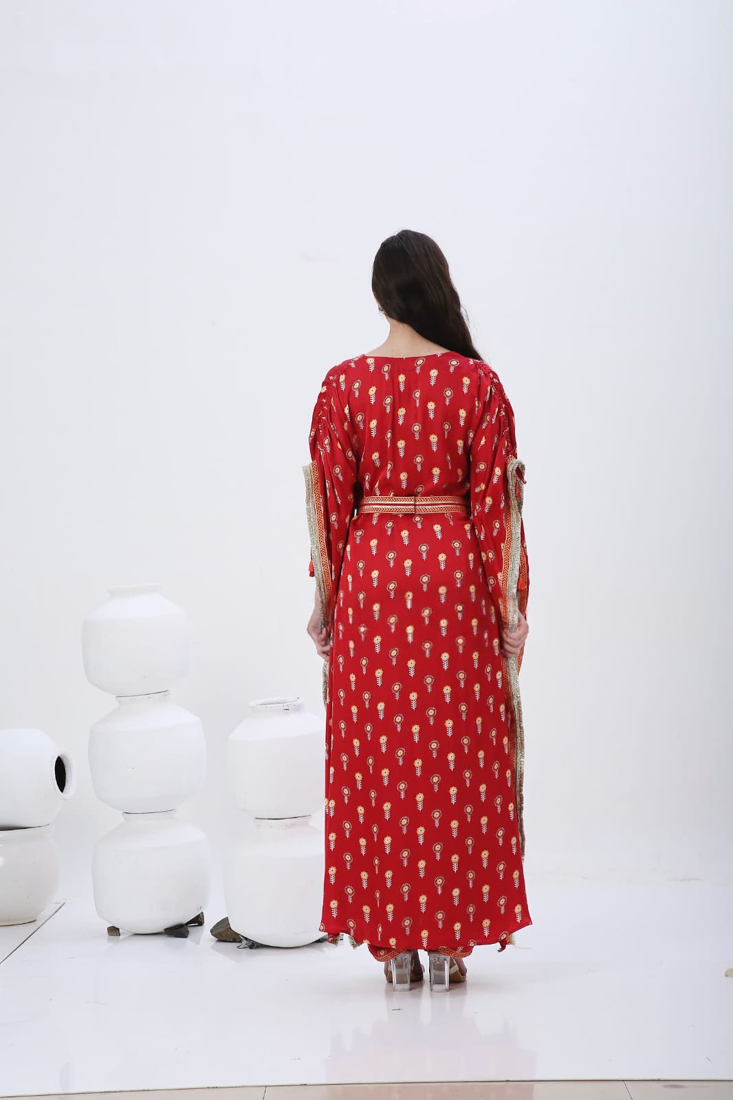 Red mela long kaftan with belt .