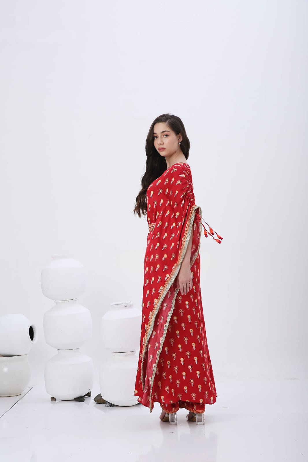 Red mela long kaftan with belt .