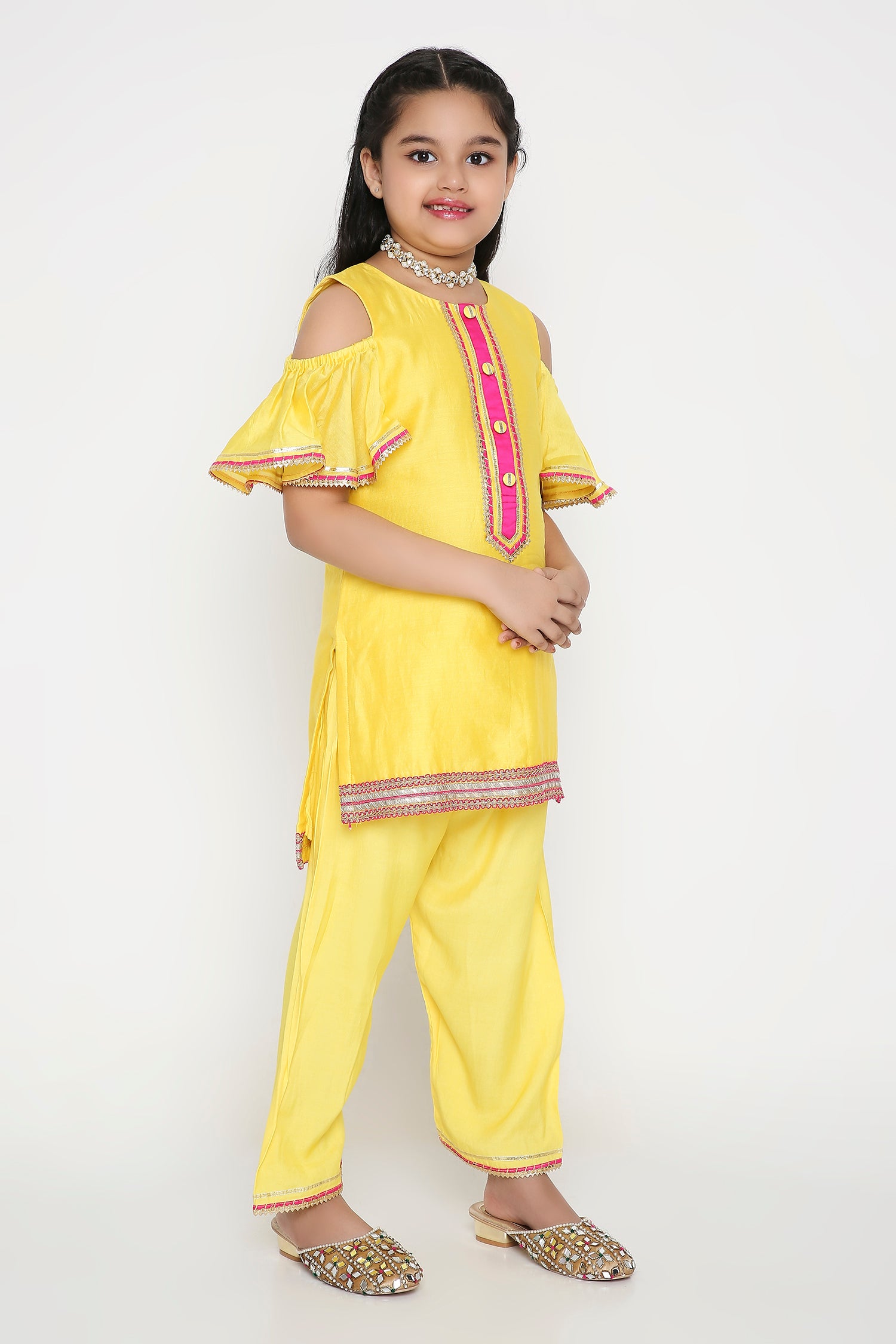 Yellow cold shoulder kurtaset