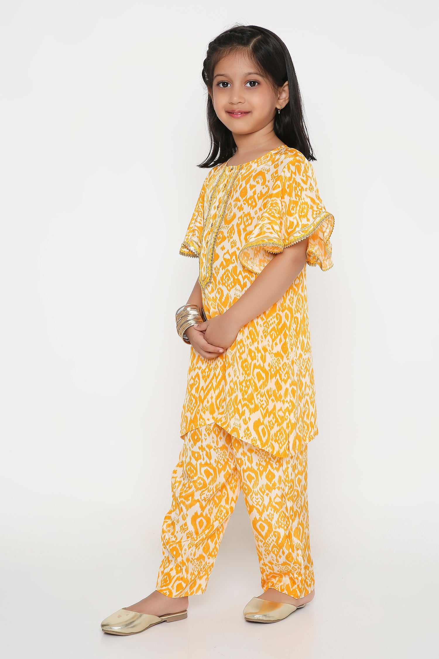 Saffron ikkat flutter sleeve co-ordset