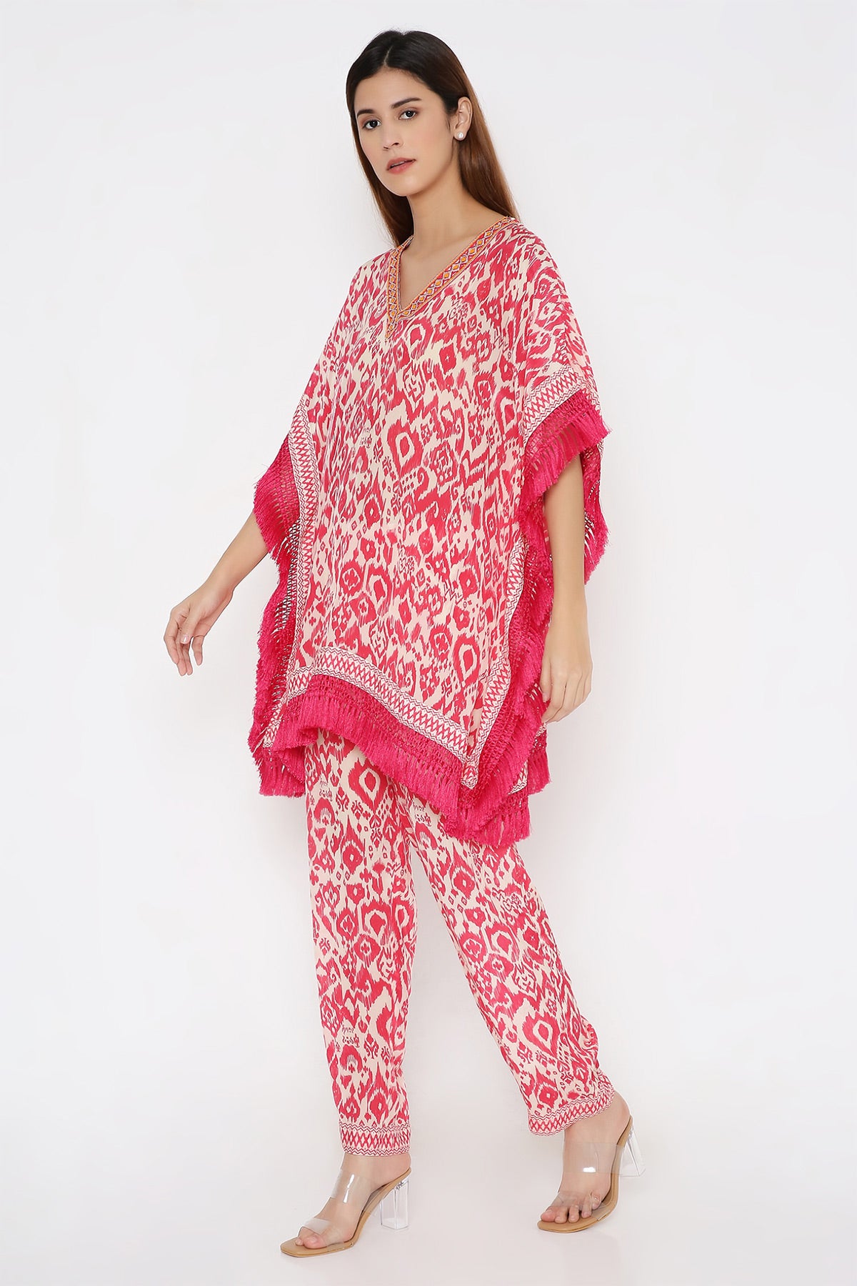 Pink ikkat fringe kaftan co-ordset