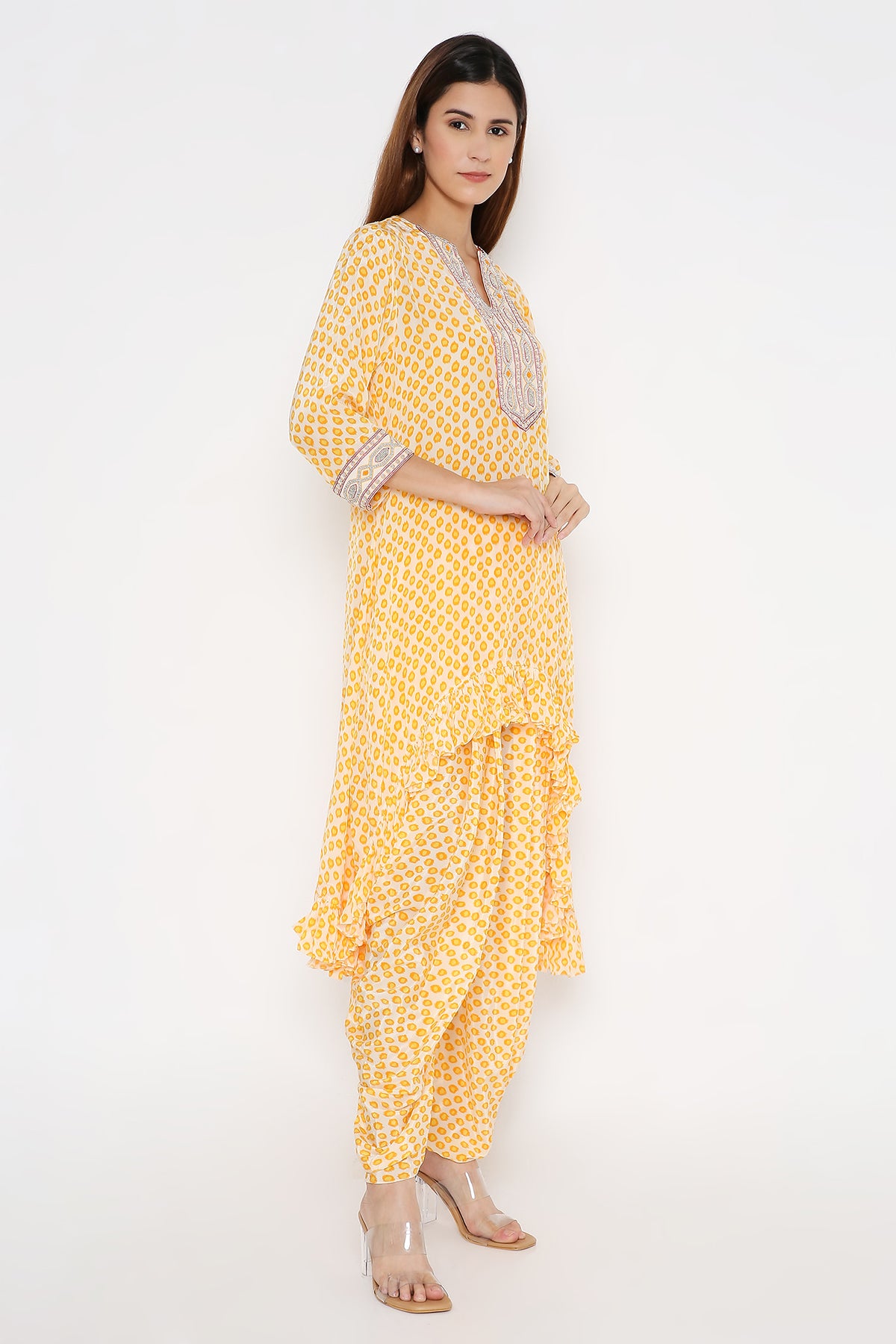 Saffron polka ruffle kurtaset