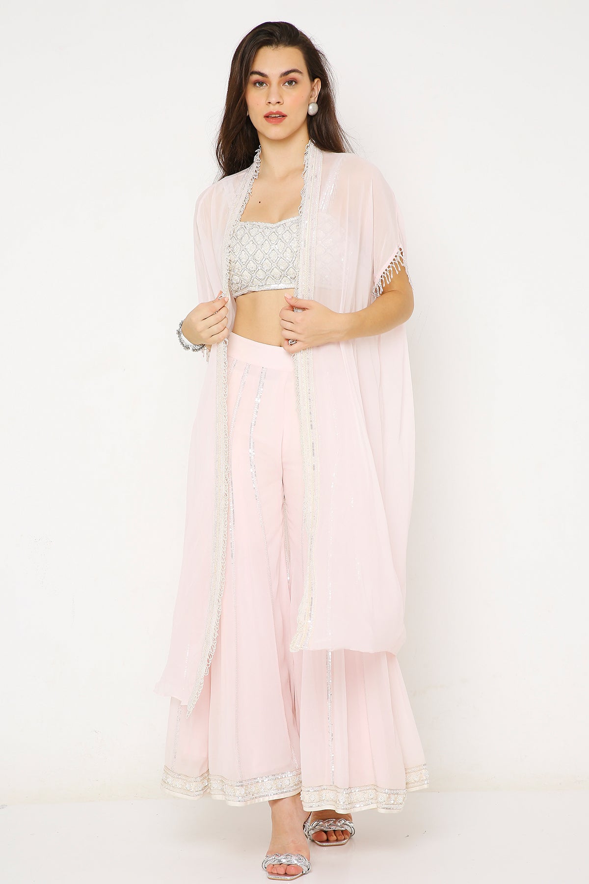 Candy Pink Embroidered Cape Set