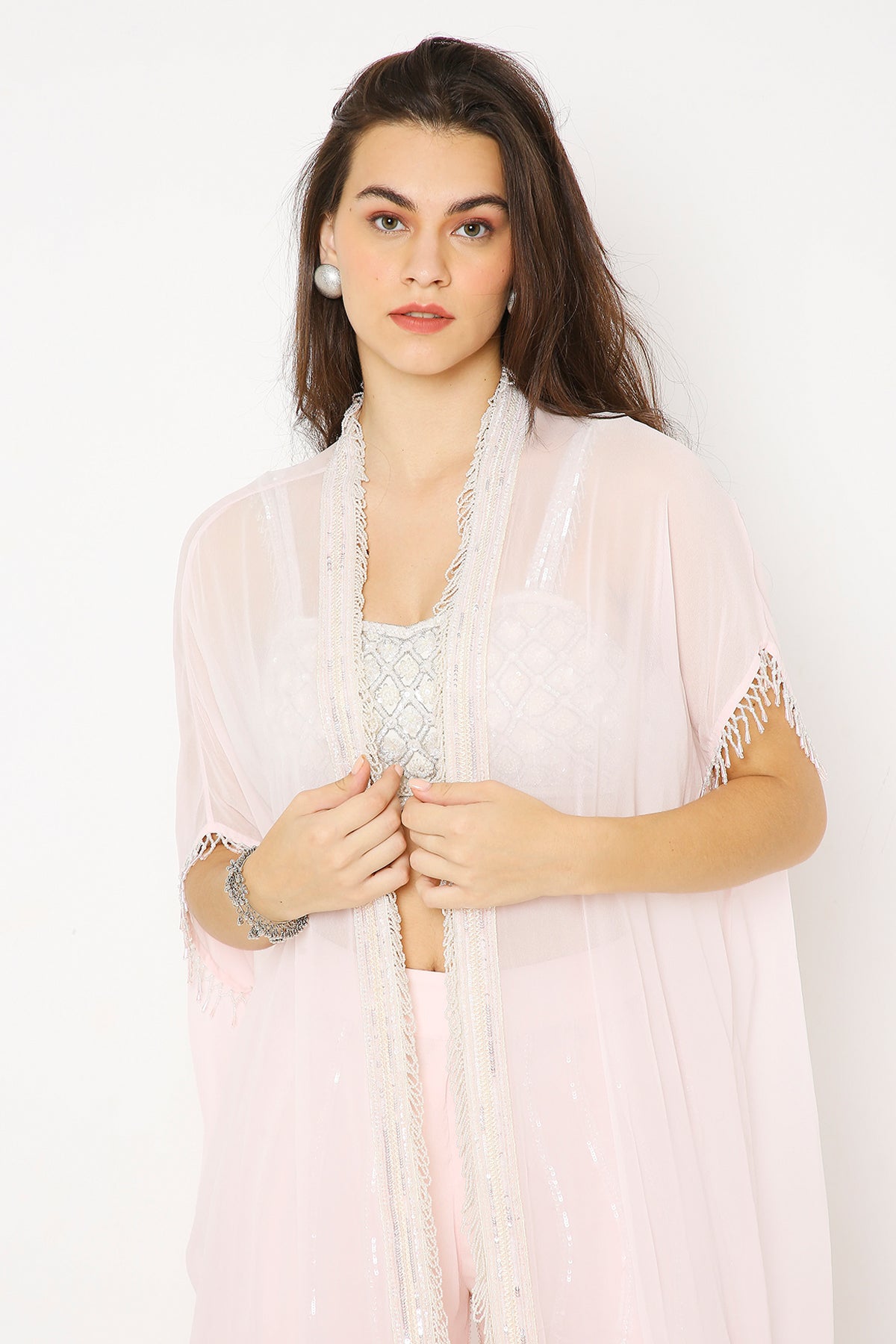 Candy Pink Embroidered Cape Set