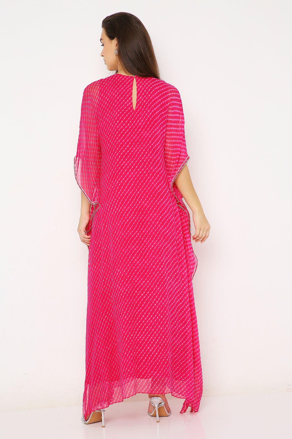 Pink leheriya kaftan with embroidered yoke