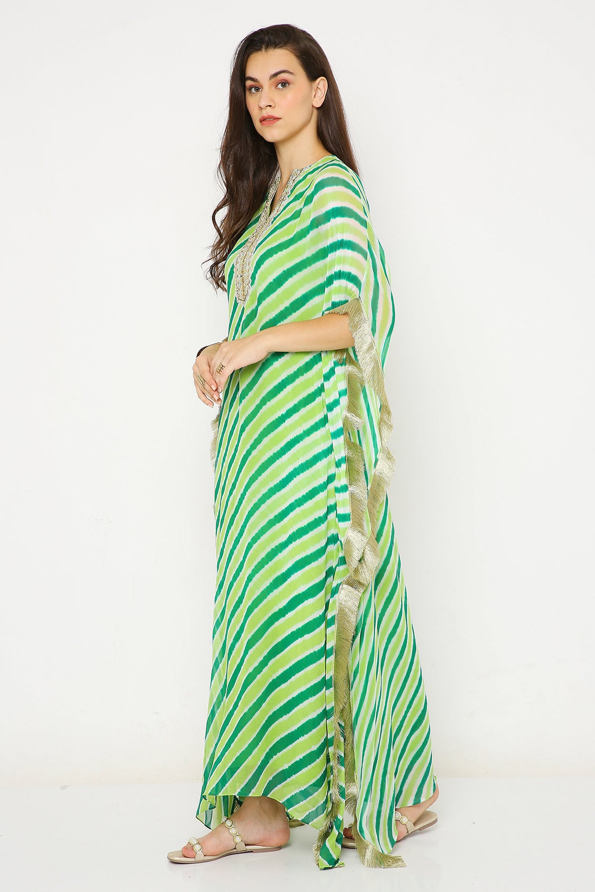 Green leheriya kaftan with embroidered yoke.