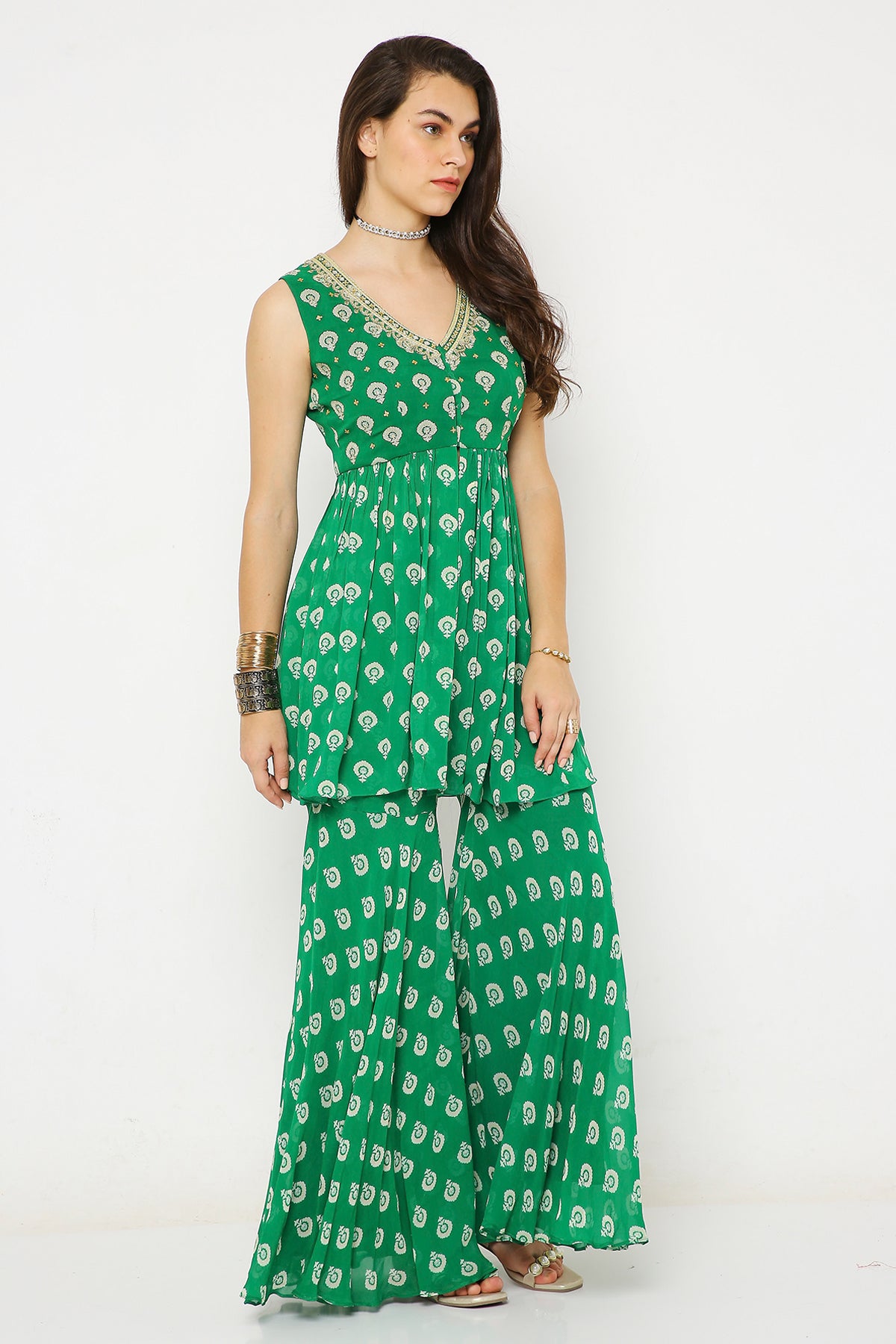 GREEN BARFI PRINT SHARARA SET