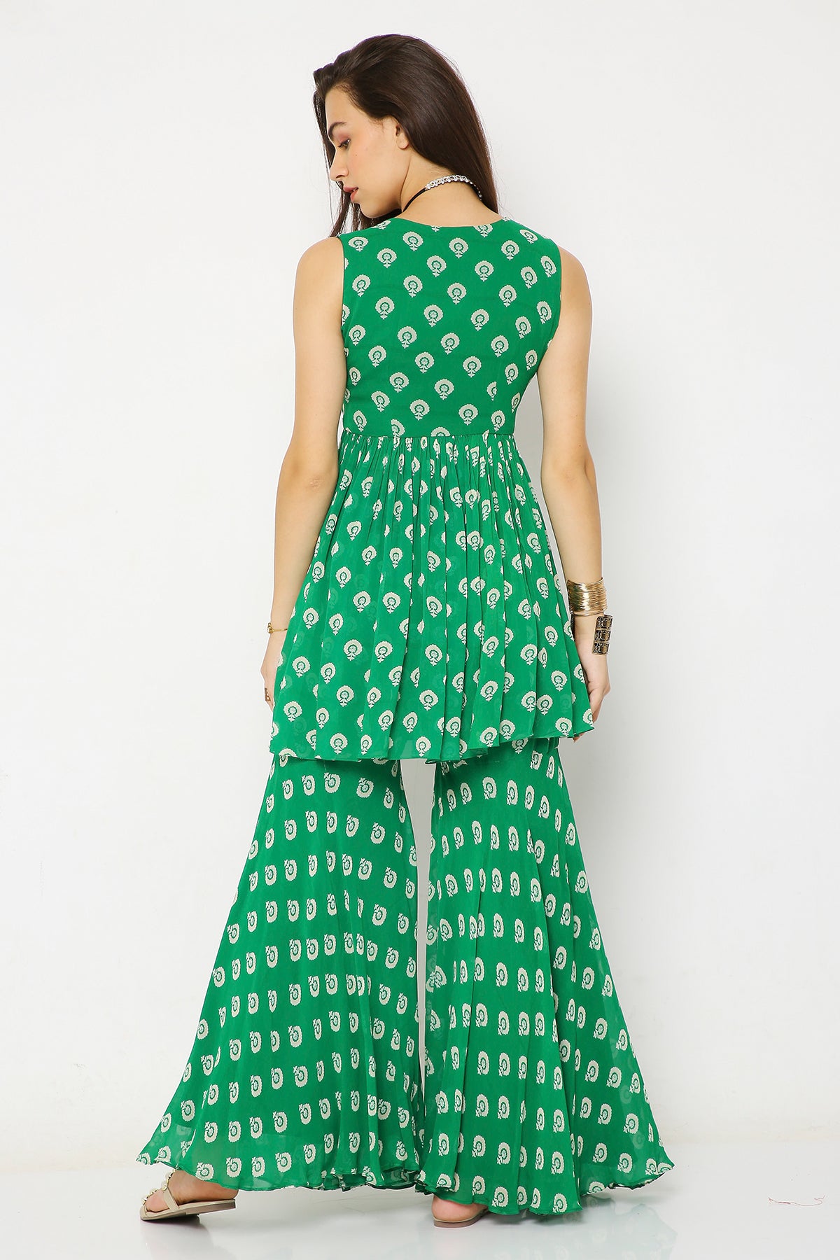 GREEN BARFI PRINT SHARARA SET