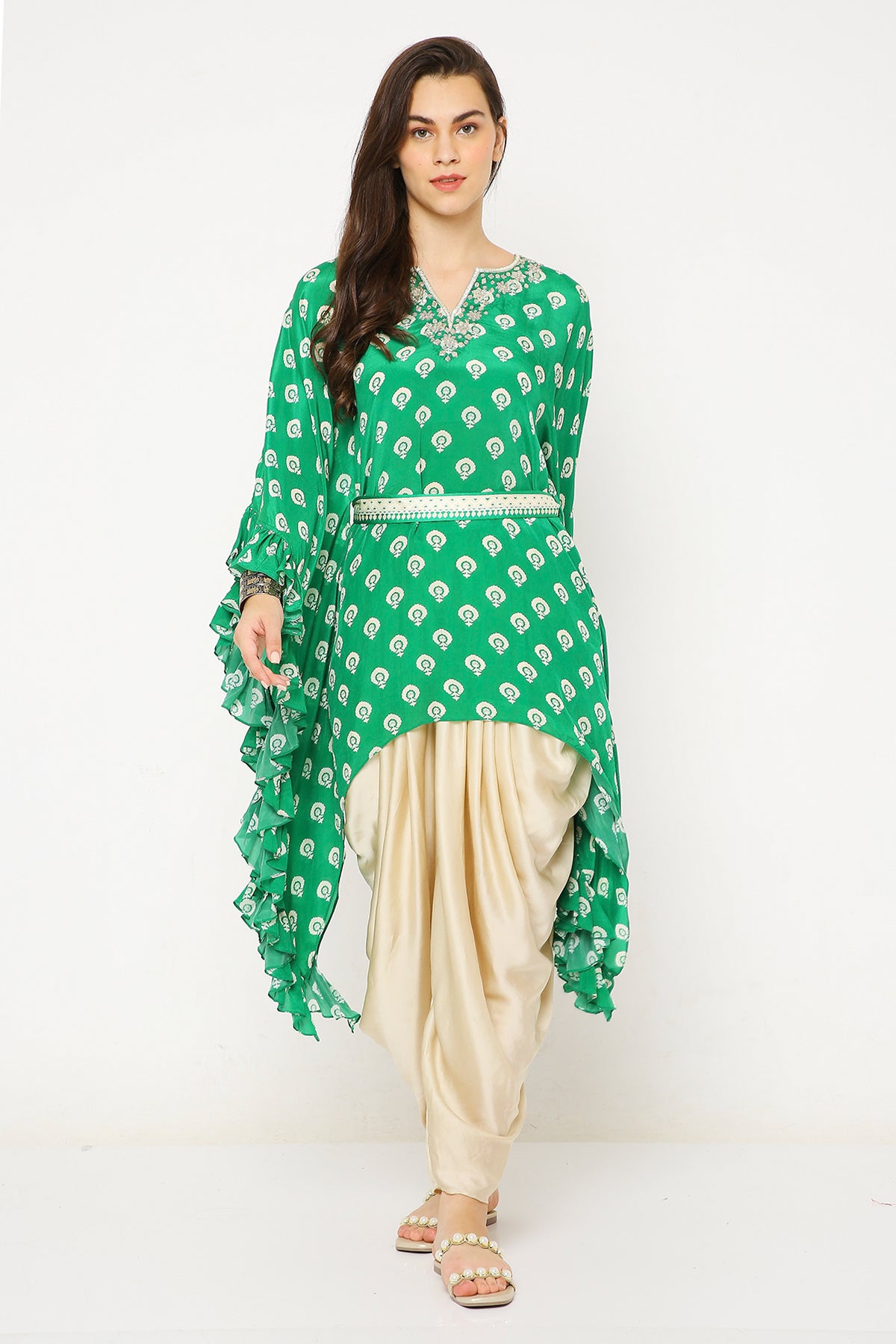 Green Barfi Print Ruffle Kurta Set