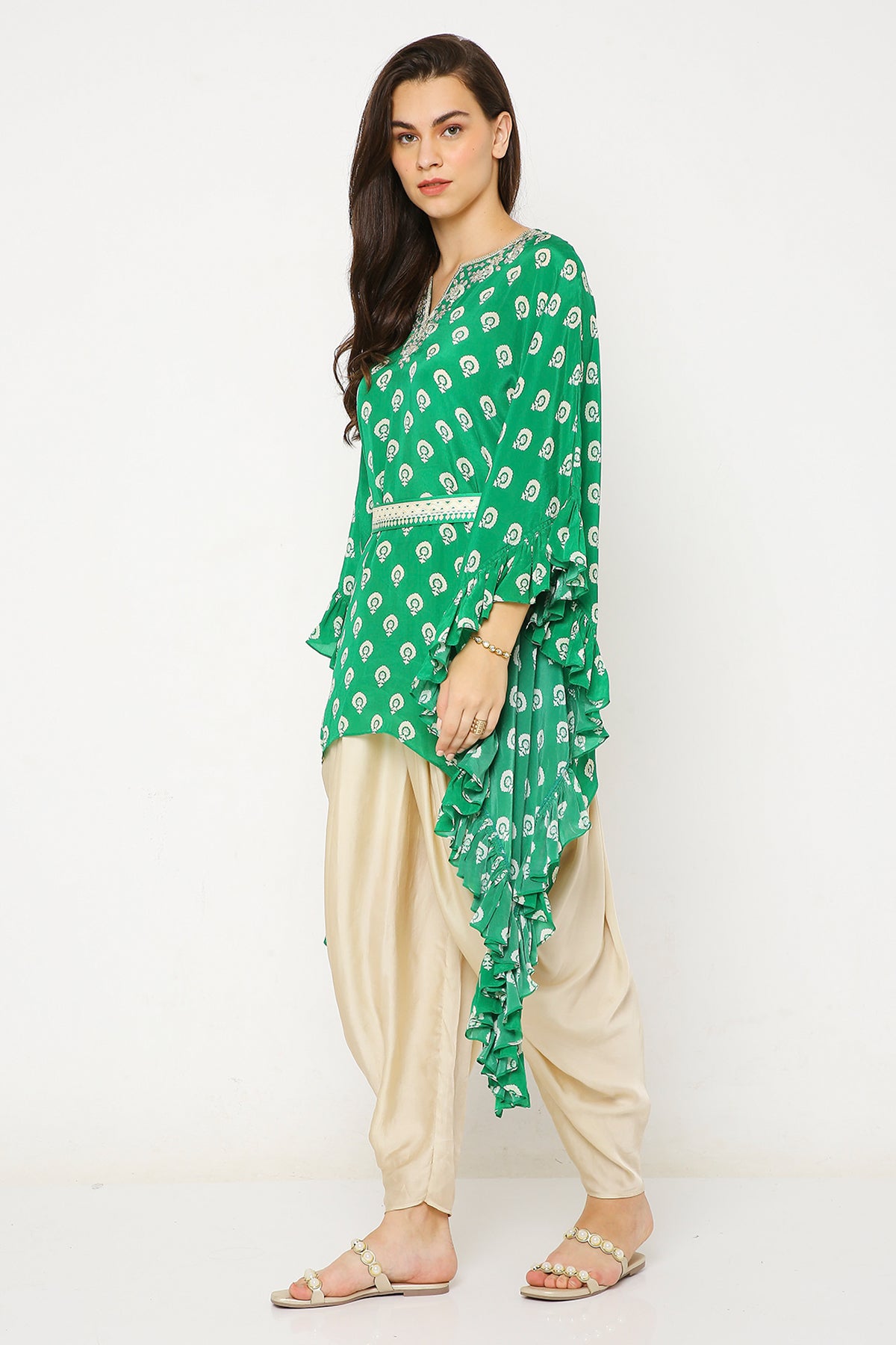 Green Barfi Print Ruffle Kurta Set