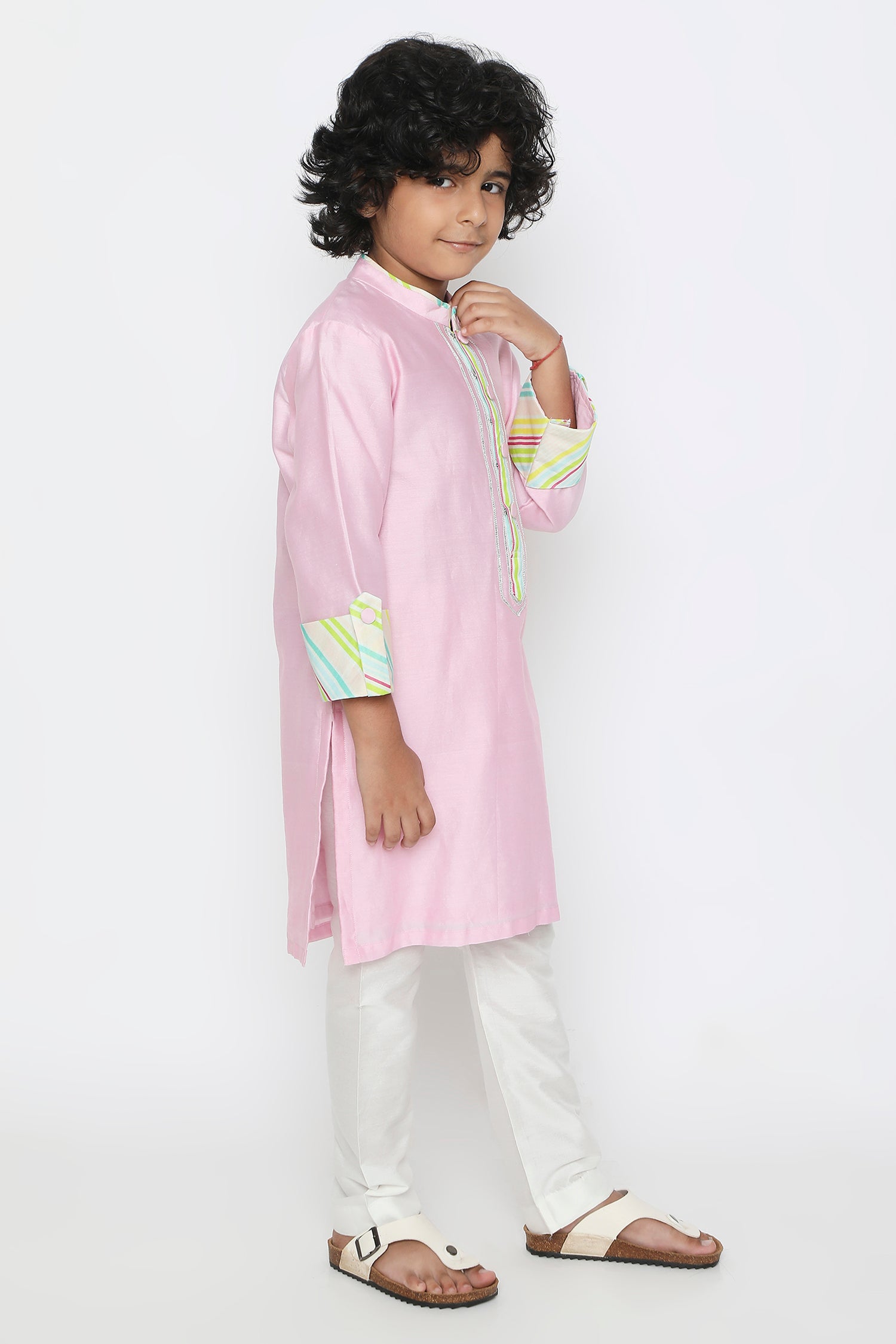 Baby pink stripe roll up kurtaset