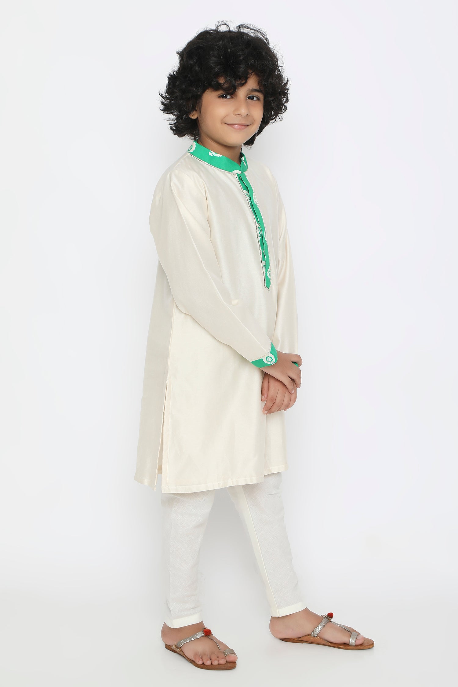 Off white green barfi collar kurtaset