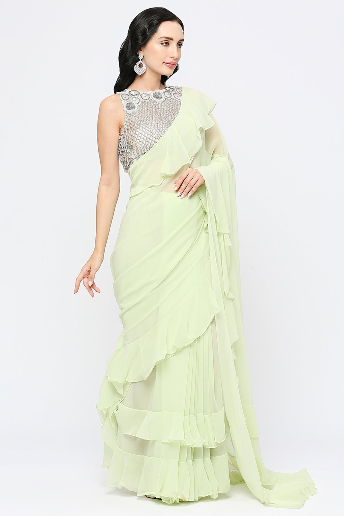 Pista Green waterfall Ruffle Saree