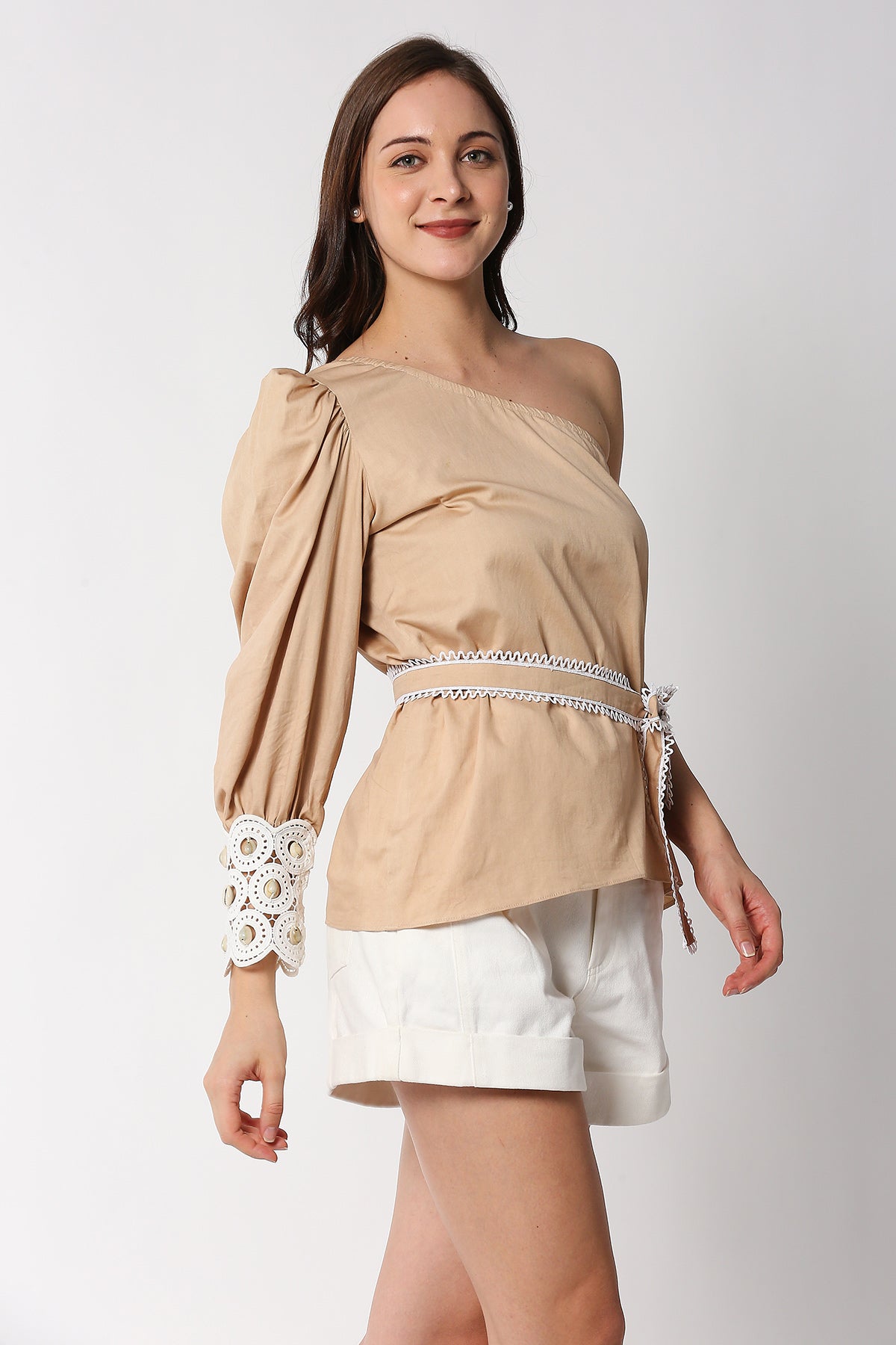 Beige One Shoulder Top