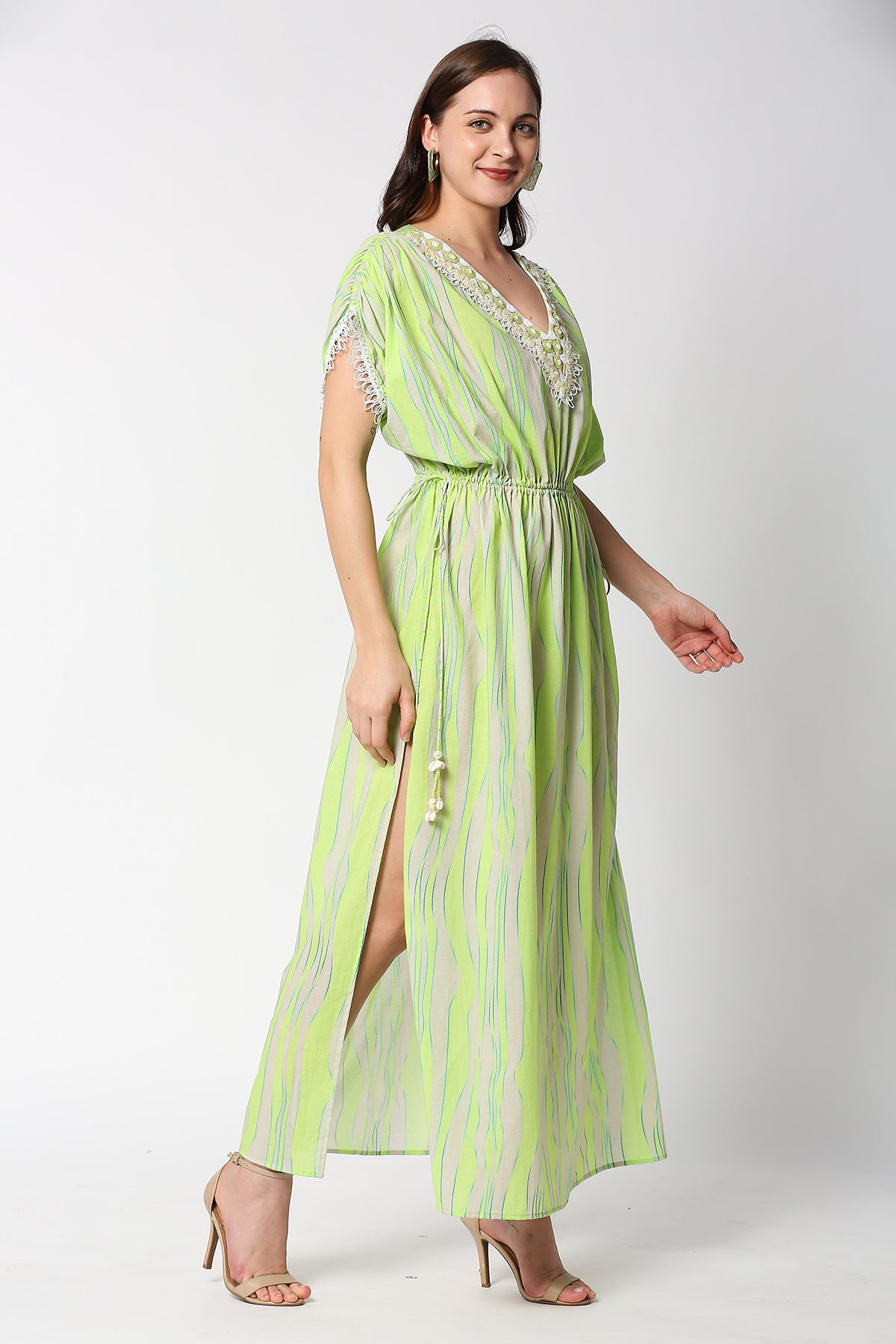 Green and beige print kaftan