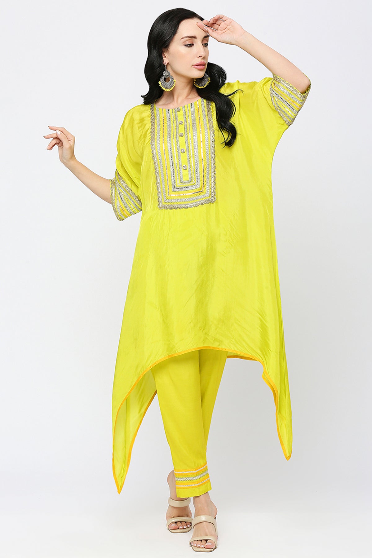 Lime asymmetrical kaftan Kurta Set